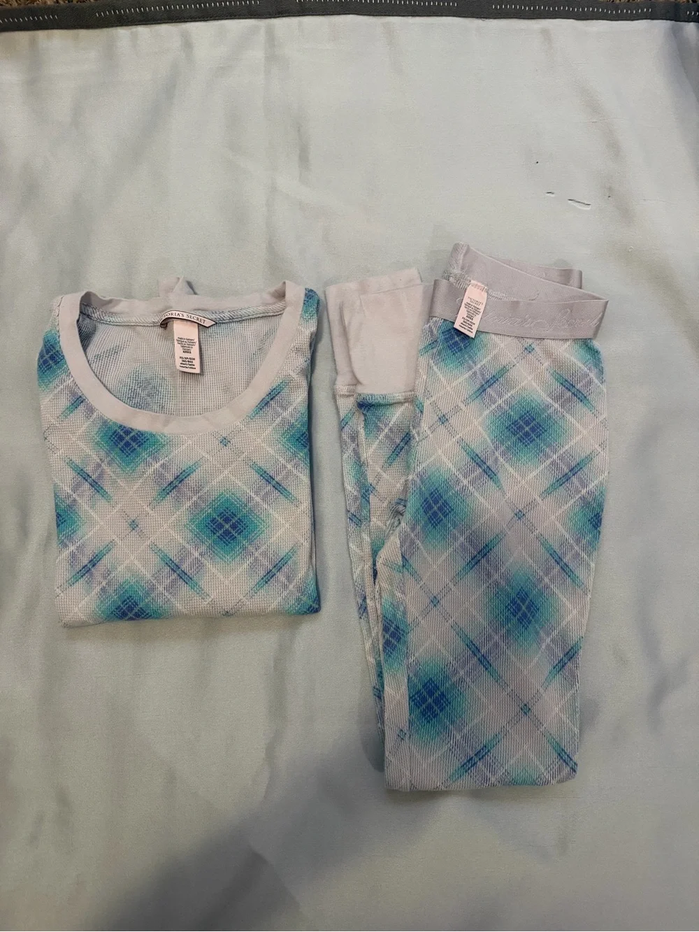 Victoria's Secret Plaid Thermal Pajama Set in Light Blue and Teal